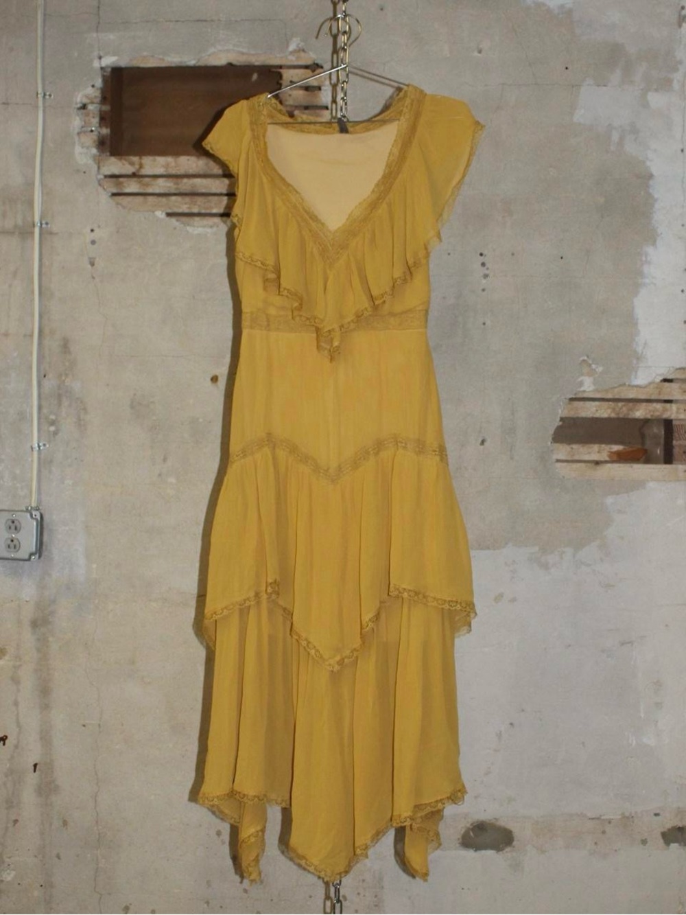 ANTHROPOLOGIE Yellow Asymmetrical Tiered Lace Ruffle Maxi Dress